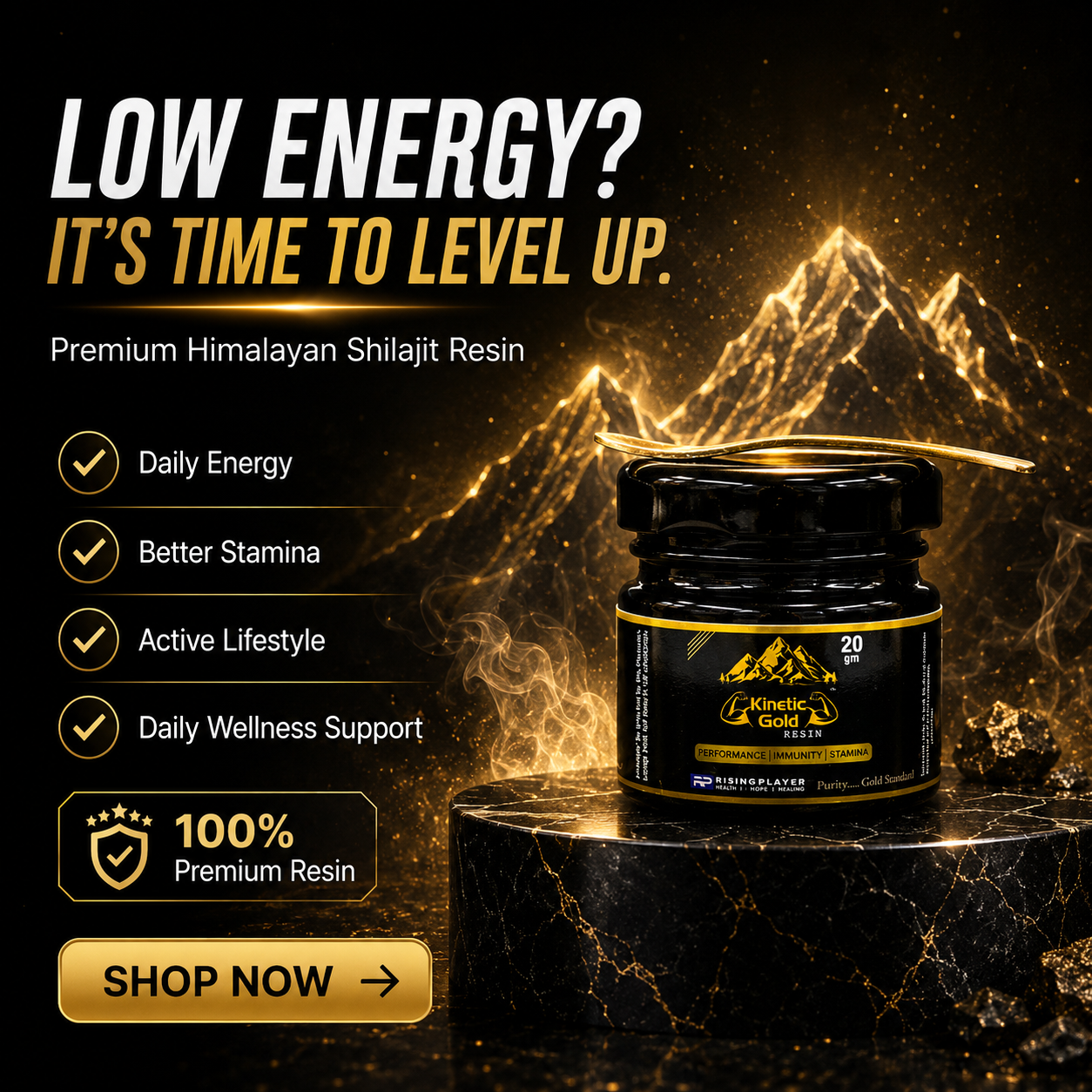 Kinetic Gold Resin Shilajit 20gm | Premium Himalayan Shilajit Resin for Energy, Stamina & Daily Wellness